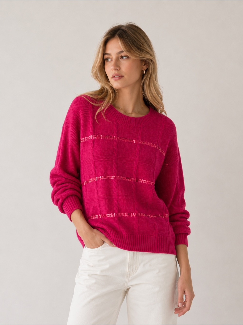 MOTF‎ Hot Pink Sequin Cable-Knit Crew Sweater